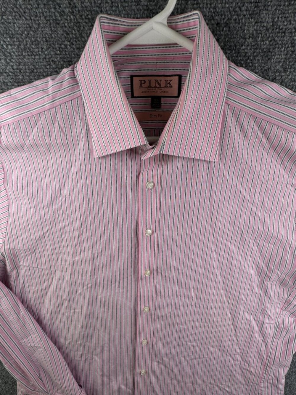 Thomas Pink Dress Shirt Button Up Long Sleeve Striped Men Pink 16.5 Slim Fit